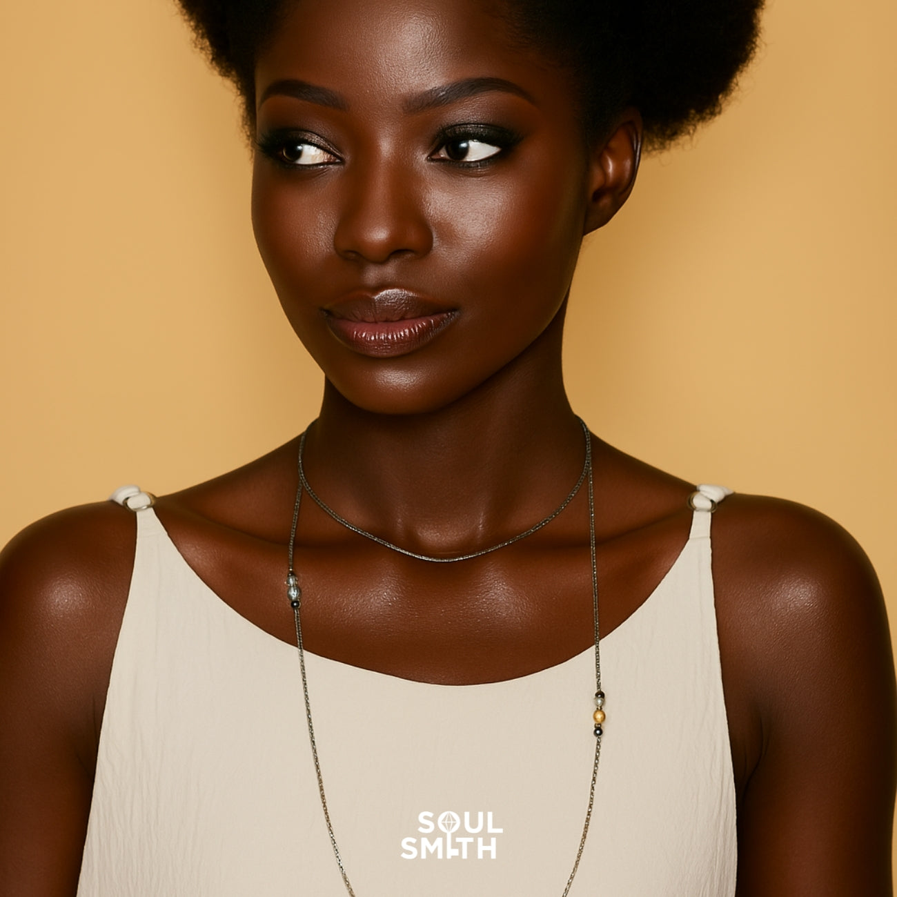 Minimalist grey moonstone rope necklace for third eye chakra balance – SoulSmith handmade jewelry on model