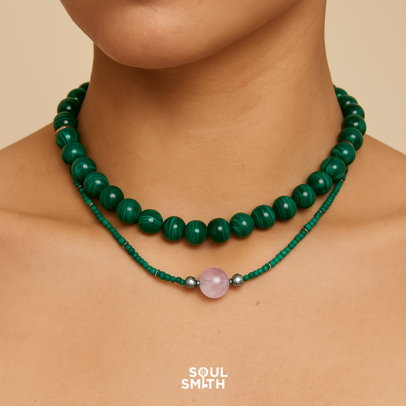 SOULSMTH Soullinks layered crystal necklaces — bold malachite beaded choker paired with rose quartz pendant necklace for love and protection