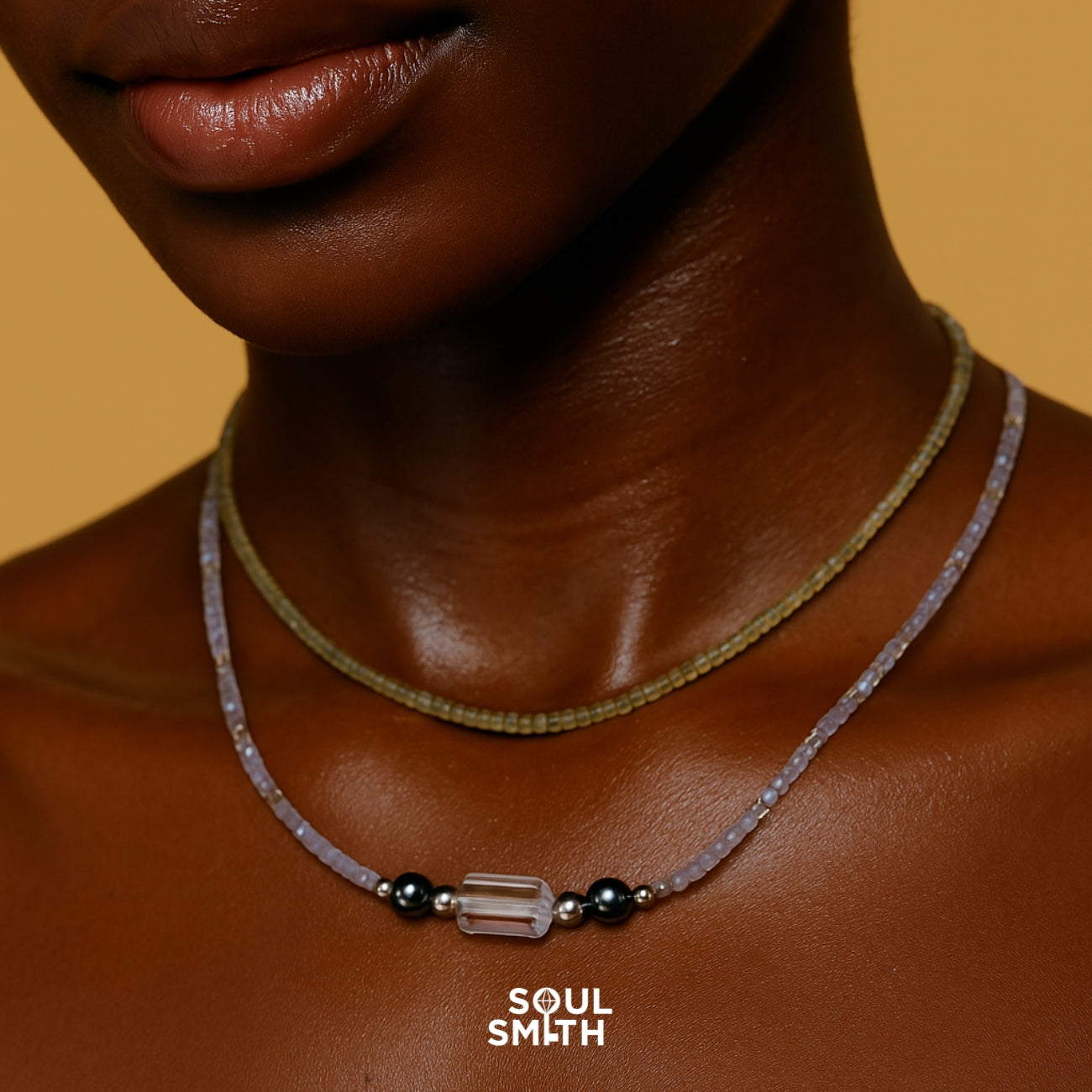 Chakra necklace with clear quartz and grey moonstone for crown chakra clarity – SoulSmith gemstone layering on dark skin