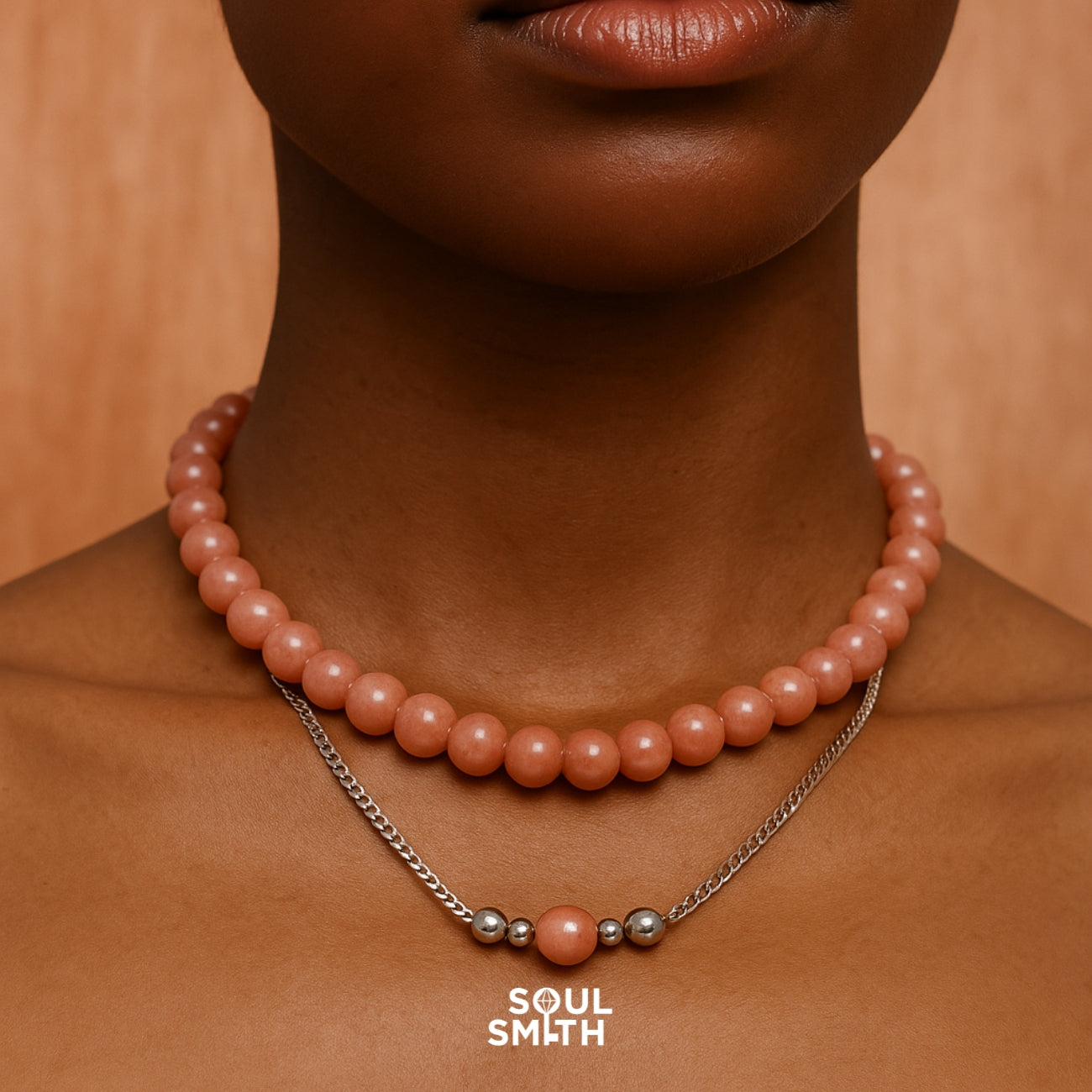 SOULSMITH Soullinks peach moonstone necklace layered with silver chain — crystal healing jewelry for emotional balance and feminine energy