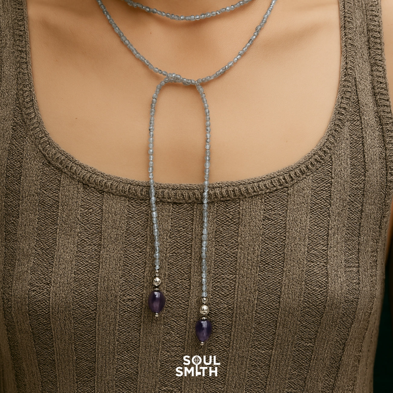 SoulSmith SoulLinks Collection — moonstone and amethyst rope necklace styled as a lariat, combining elegance with spiritual energy.