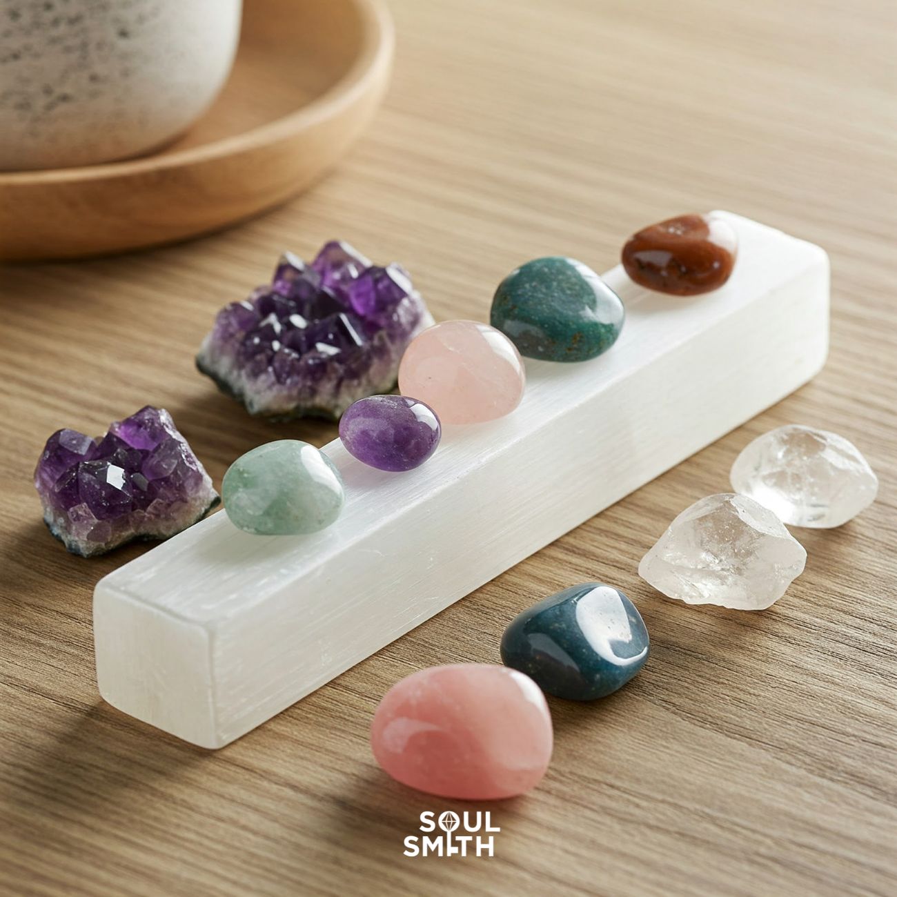 Tumbled chakra crystals arranged on a selenite charging bar, featuring amethyst clusters, rose quartz, green aventurine, clear quartz, and more—displayed on a wooden surface with the Soulsmith logo.
