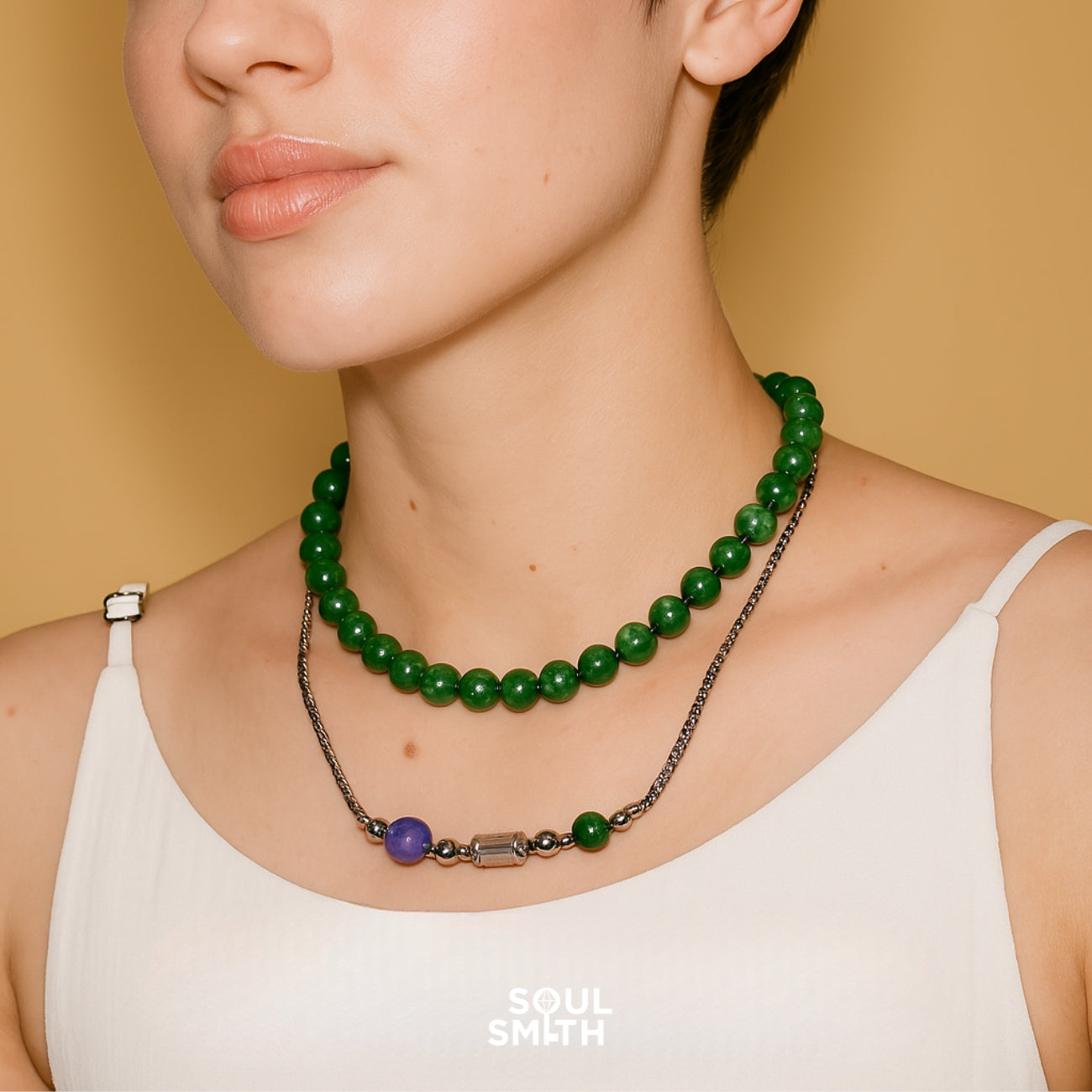 Layered malachite and charoite necklace for Heart and Crown Chakra harmony – SoulSmith