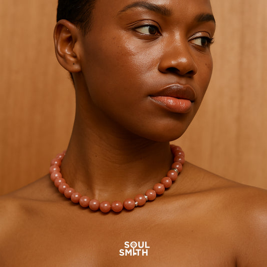 SOULSMITH Soullinks bold peach moonstone beaded necklace — radiant healing crystal choker for confidence and creative energy