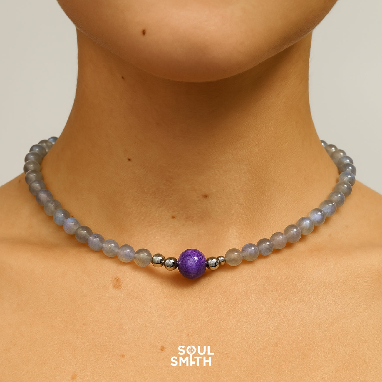 Charoite and grey moonstone necklace for crown chakra alignment by SoulSmith
