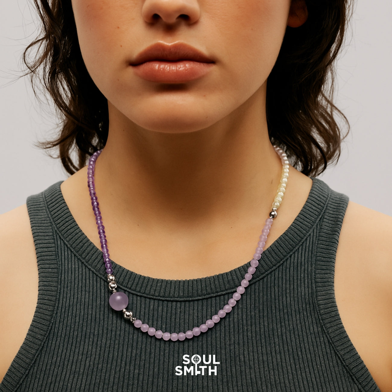 Lepidolite, amethyst, and pearl necklace supporting crown chakra balance – SoulSmith
