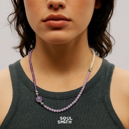 Lepidolite, amethyst, and pearl necklace supporting crown chakra balance – SoulSmith

