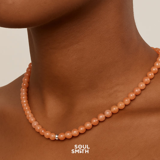 SOULSMTH Soullinks peach moonstone crystal necklace with stainless steel clasp — soft pink healing gemstone choker for feminine energy and inner peace