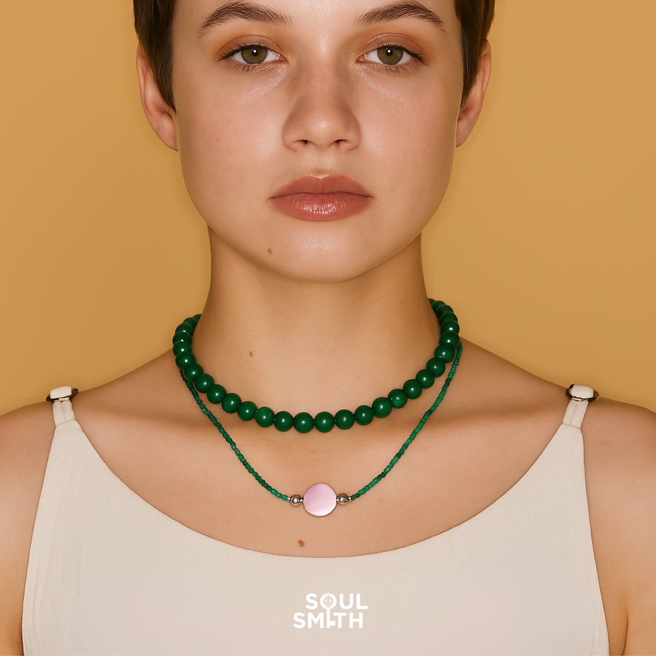 Layered green malachite and Amethyst l necklaces aligning Heart and Crown Chakras – SoulSmith
