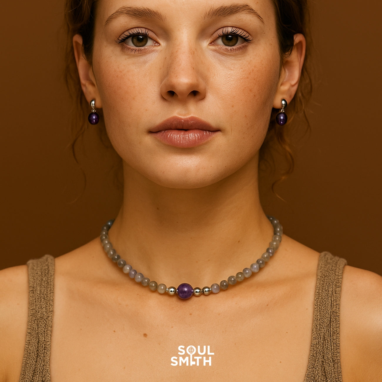 Woman wearing charoite and labradorite chakra necklace and earrings for crown chakra balance – SoulSmith jewelry

