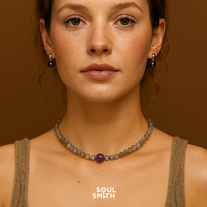 Woman wearing charoite and labradorite chakra necklace and earrings for crown chakra balance – SoulSmith jewelry

