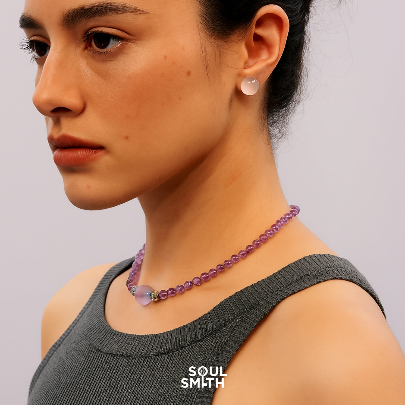 Amethyst necklace for crown chakra clarity, worn on model – SoulSmith