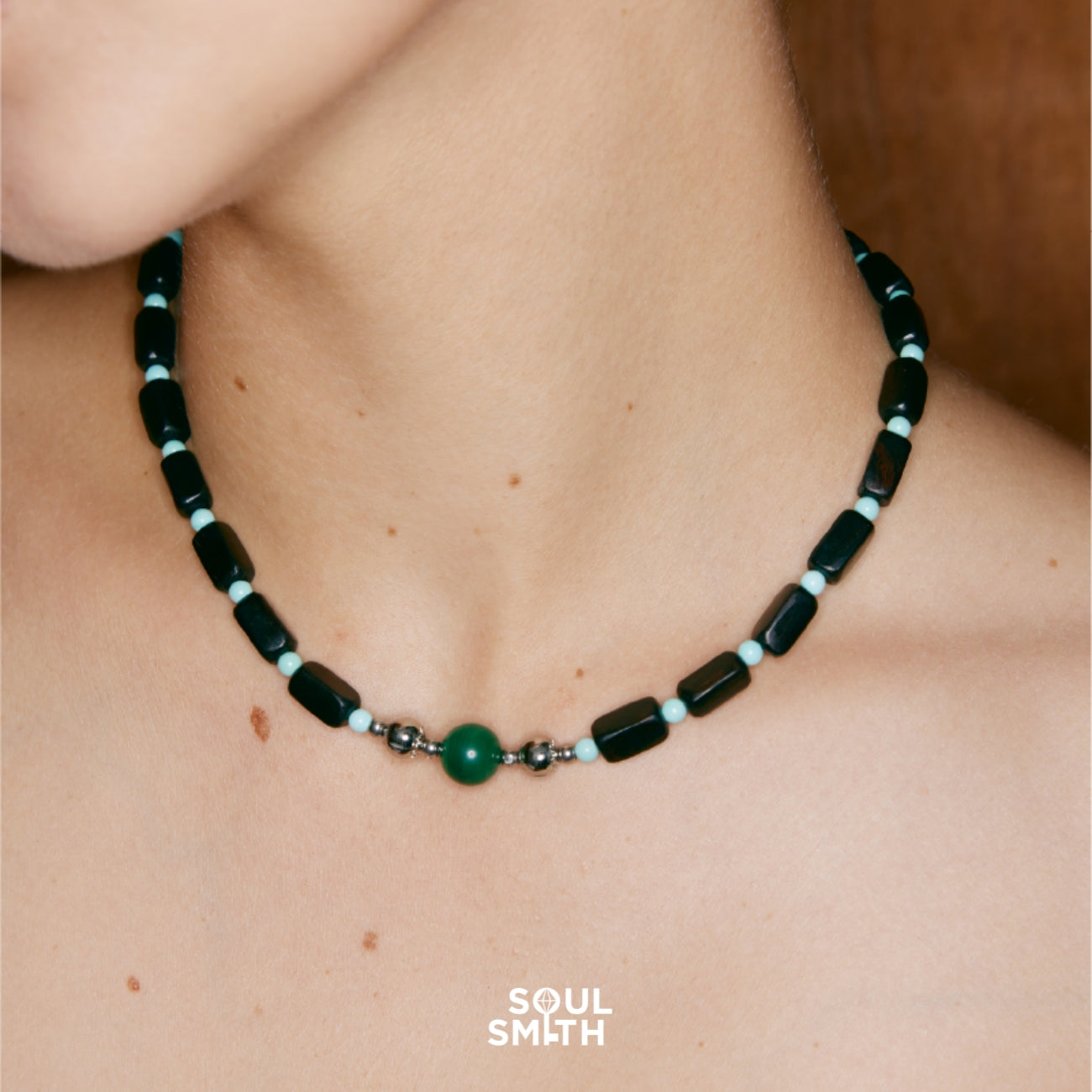 Close-up of malachite and turquoise bead necklace for heart chakra energy – SoulSmith
