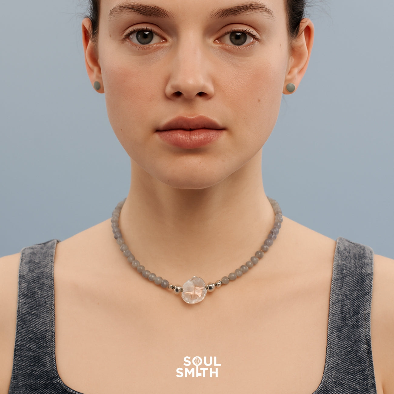 Grey moonstone and clear quartz choker for third eye chakra insight.
