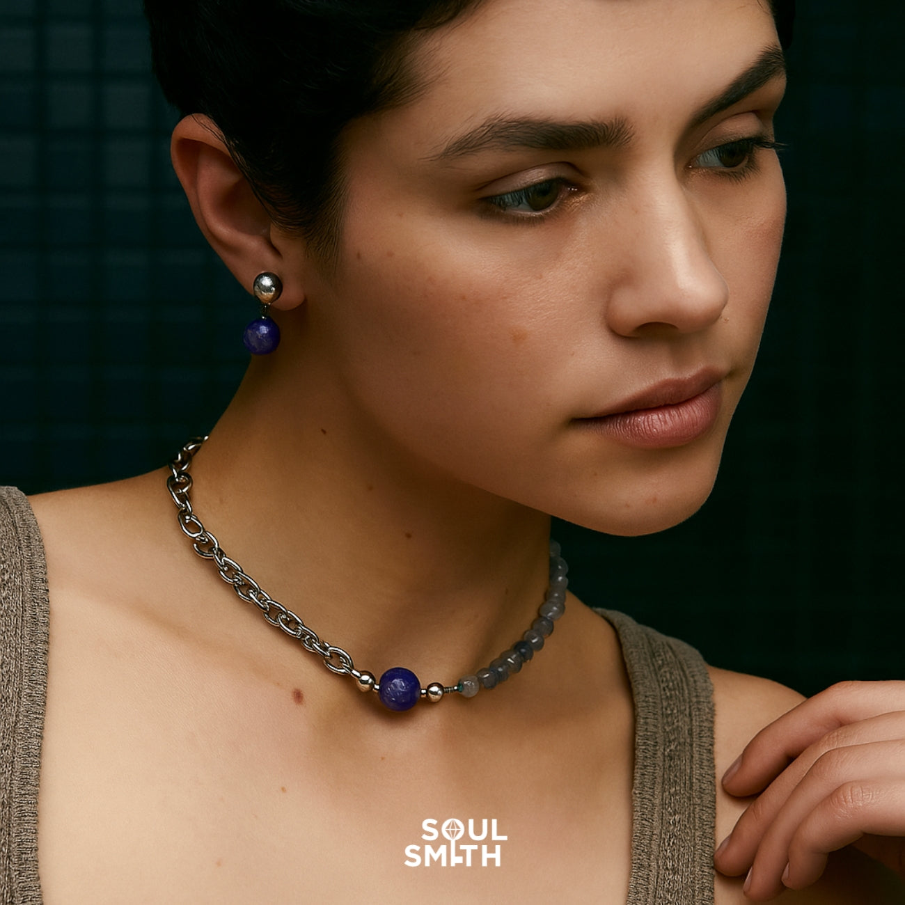 Charoite and grey moonstone chakra necklace with chain detail and matching earrings for crown chakra alignment – SoulSmith jewelry
