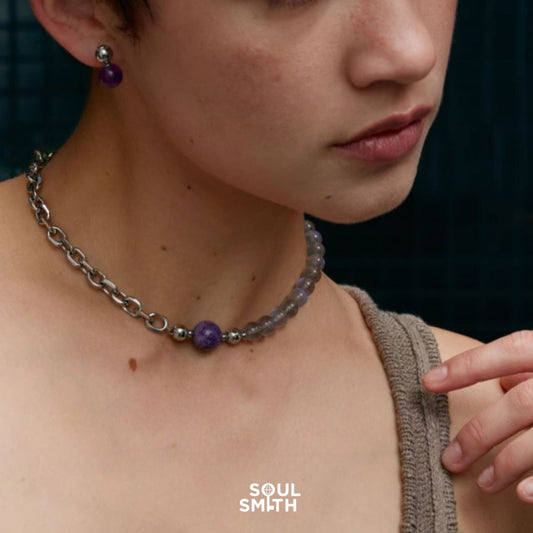 SoulSmith SoulLinks amethyst stud earrings and labradorite beaded necklace with chain detail.