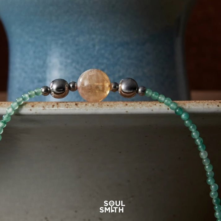 1. Green Jadeite &amp; Citrine Crystal Necklace – Heart &amp; Solar Plexus Chakras – Serene Prosperity (2mm)