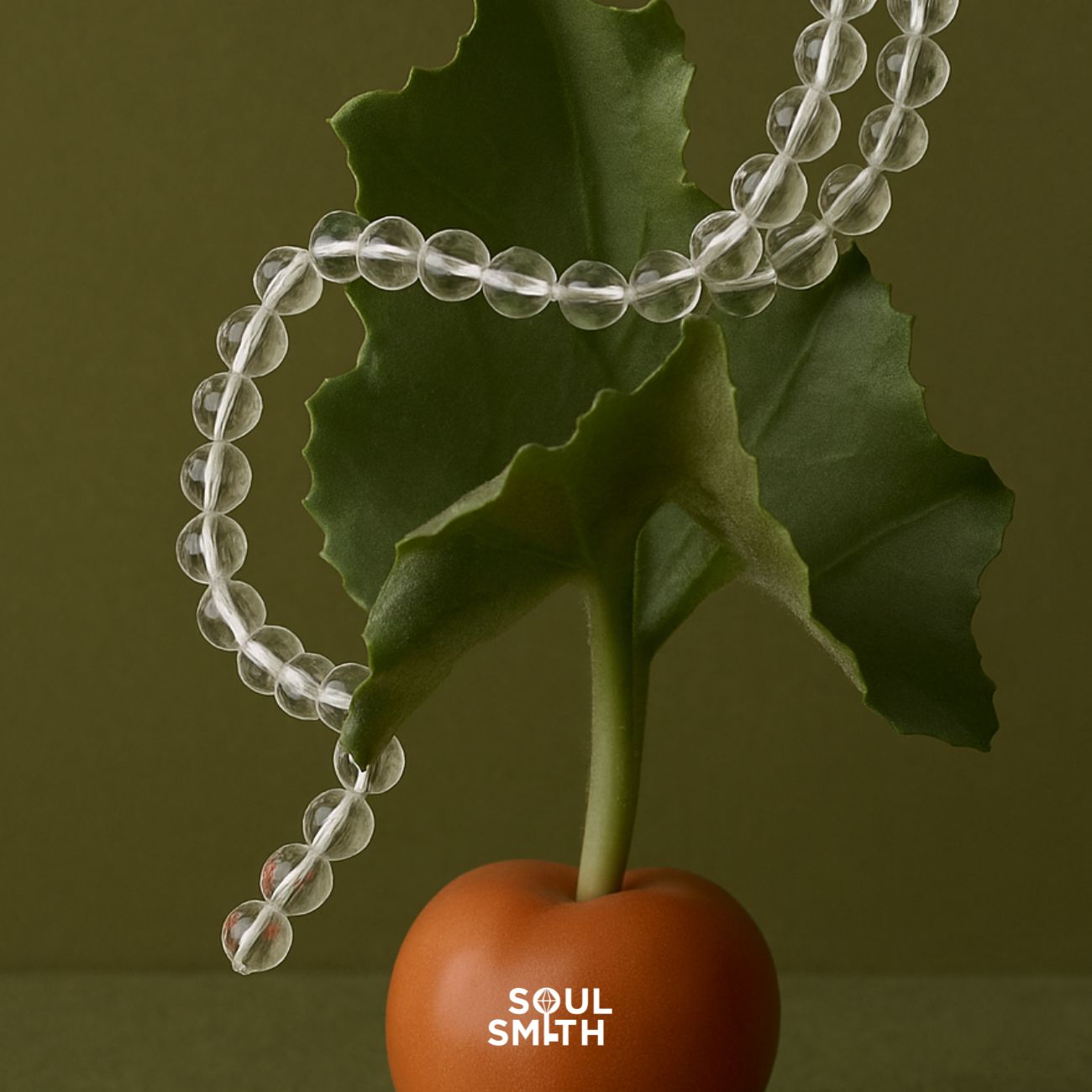 Soulsmith Clear Quartz crystal bead bracelet with polished 8mm transparent stones draped over a green leaf and terracotta base, symbolizing purity and crown chakra clarity.
