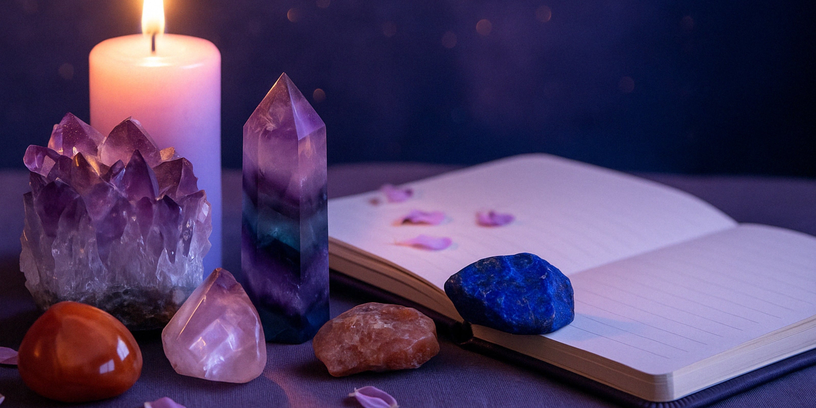 Amethyst cluster, fluorite tower, lapis lazuli, and other healing crystals arranged with candle and journal in candlelight