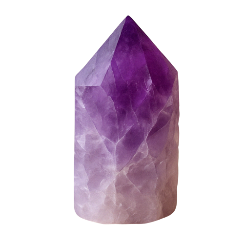 Amethyst crystal point with transparent background, connected to the Crown and Third Eye Chakras to enhance intuition, spiritual awareness, and inner peace