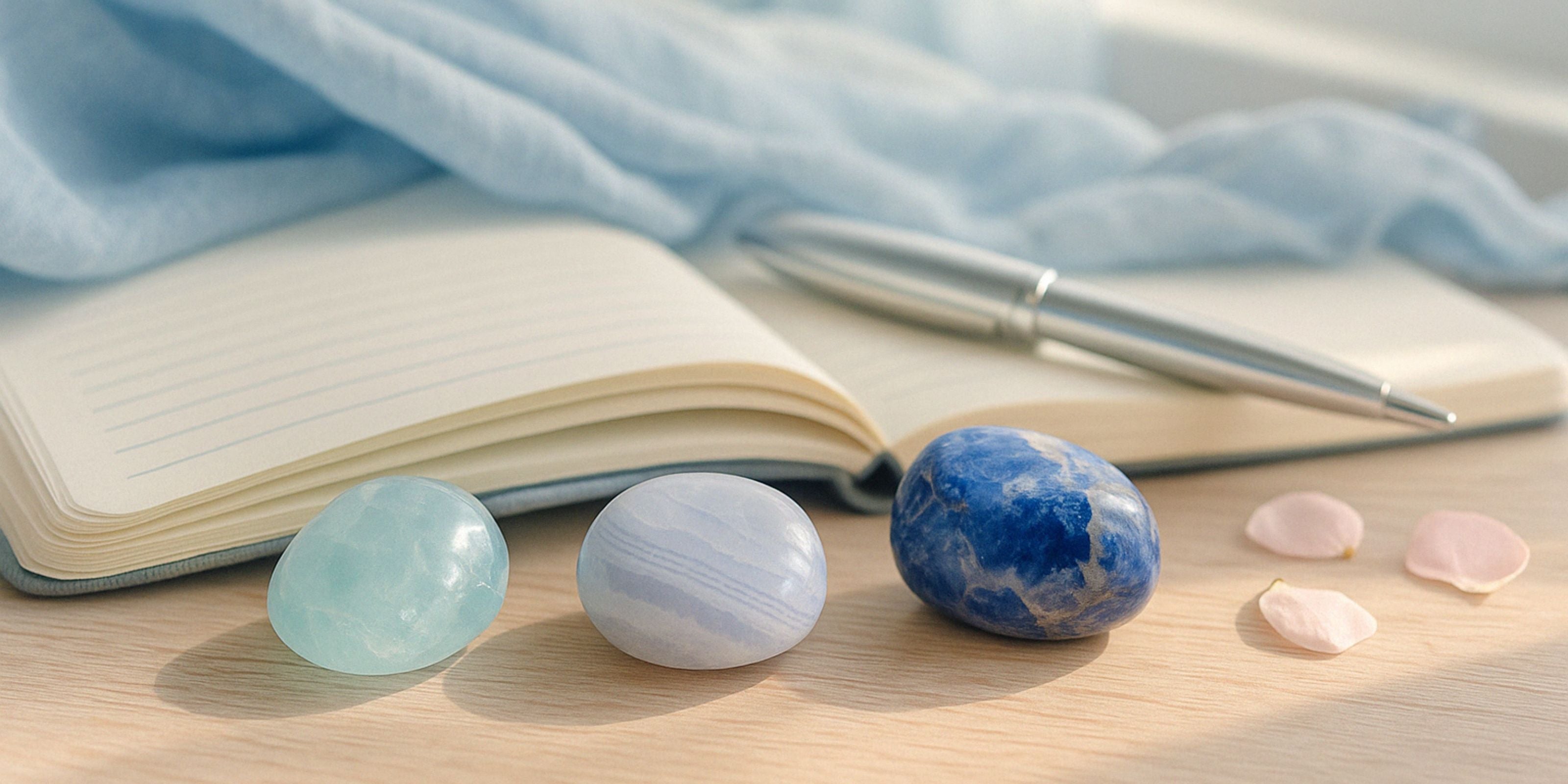 Aquamarine, blue lace agate, and sodalite crystals with open journal, pen, and rose petals on wood desk