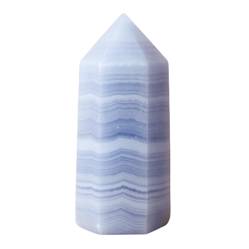Blue Lace Agate crystal tower on transparent background, aligned with the Throat Chakra to promote gentle communication, emotional healing, and calming vibrations.