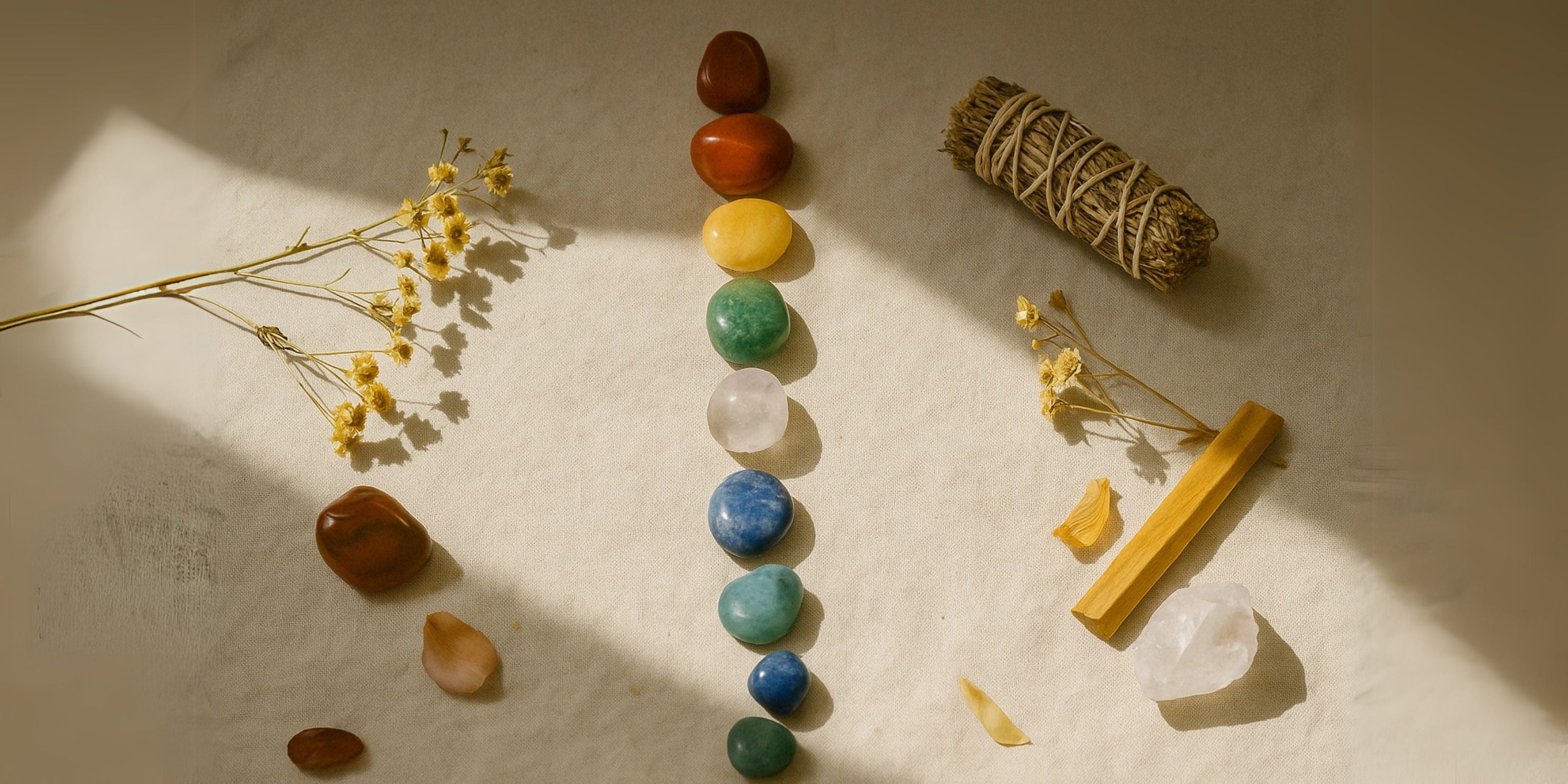 Chakra healing stones aligned vertically with dried flowers, sage, and palo santo on fabric