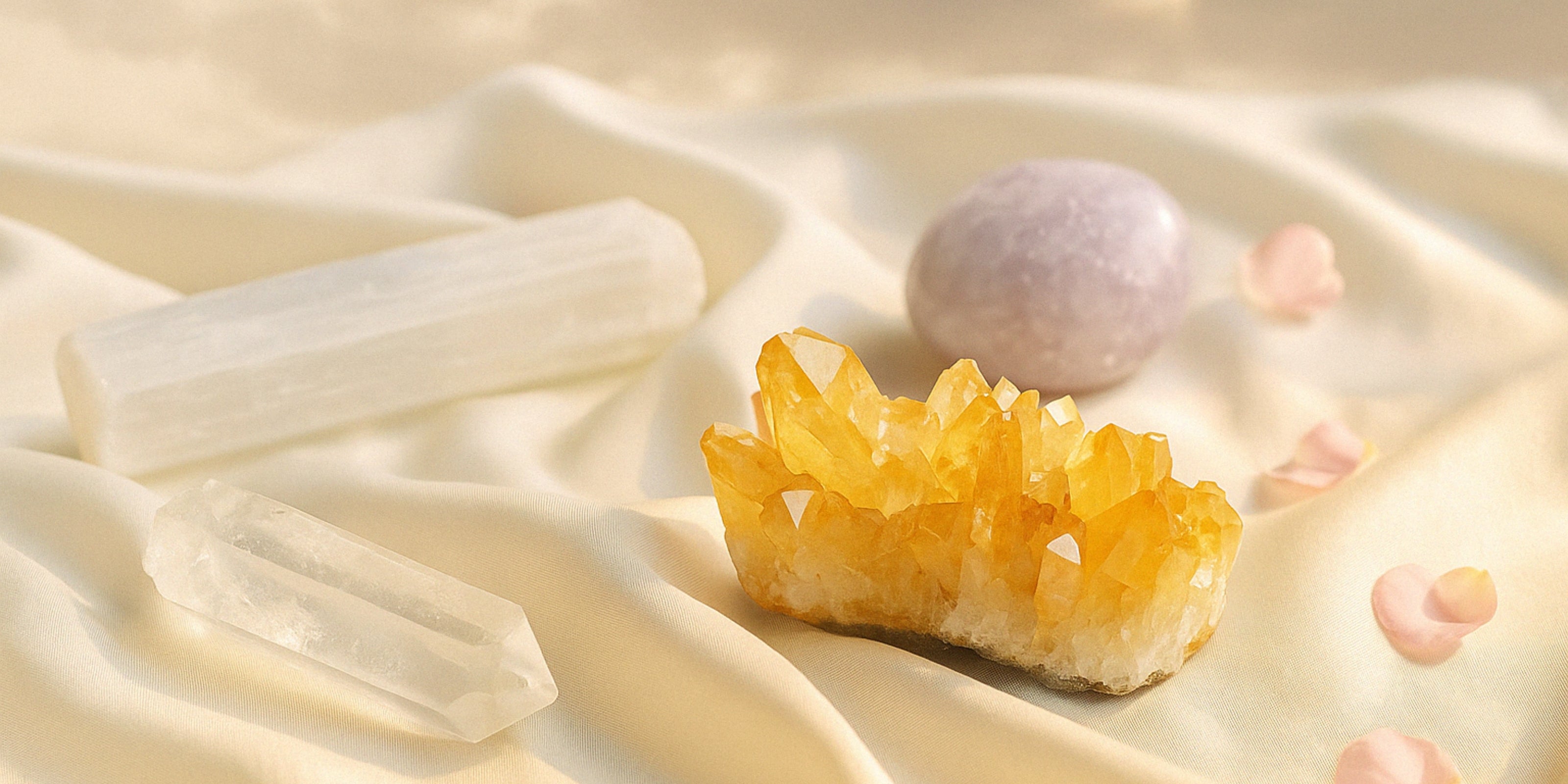 Citrine cluster, selenite, clear quartz, and lepidolite crystals arranged on soft cream fabric with rose petals