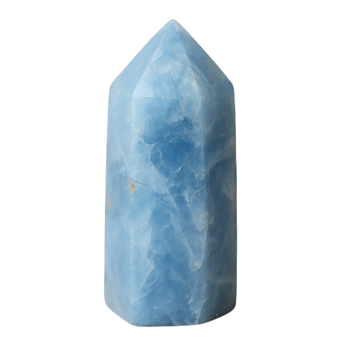 Matte Angelite crystal tower on transparent background, aligned with the Throat, Third Eye, and Crown Chakras to promote angelic communication, inner peace, and spiritual awareness.