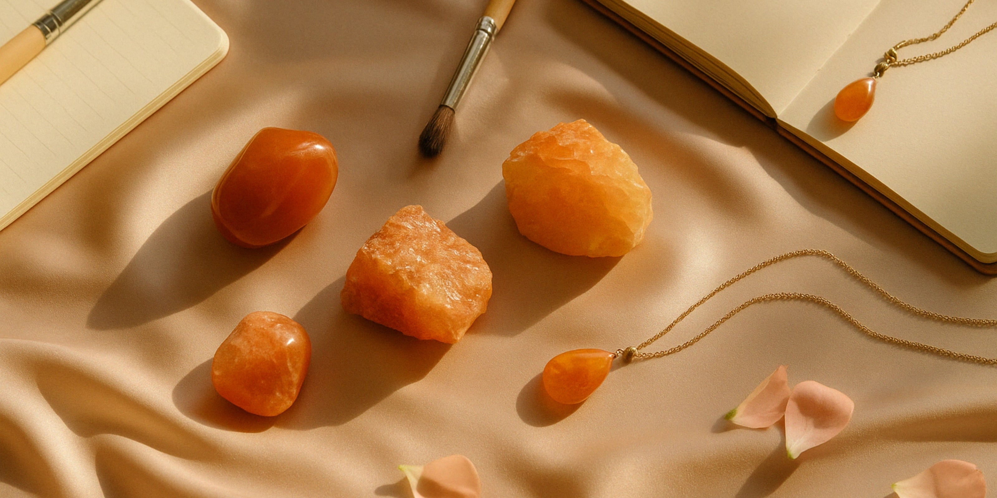 Orange calcite and carnelian crystals with gold necklace, journal, and paintbrush on satin fabric