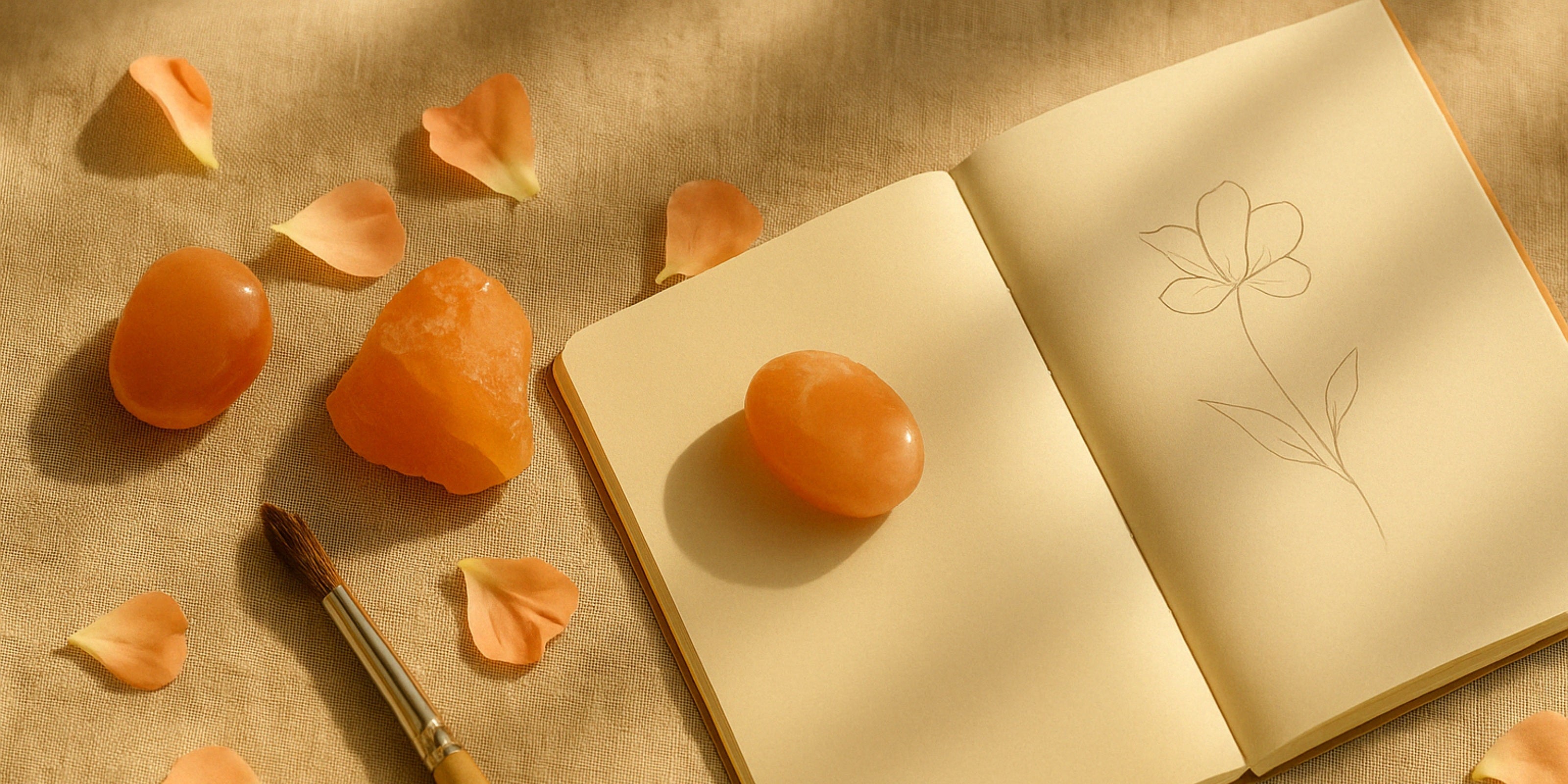 Peach moonstone crystals with open sketchbook, rose petals, and paintbrush on neutral fabric