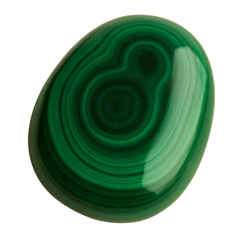 Polished Malachite stone on transparent background, associated with the Heart Chakra for emotional healing, transformation, and protection from negativity