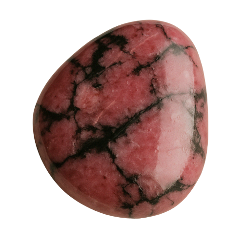 Polished Rhodonite crystal on transparent background, connected to the Heart Chakra for emotional healing, forgiveness, and nurturing self-love