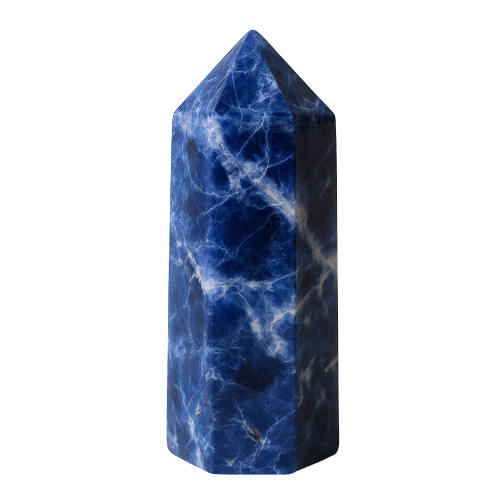 Polished Sodalite tower crystal on transparent background, associated with the Throat and Third Eye Chakras to support clear communication, mental clarity, and deep insight.