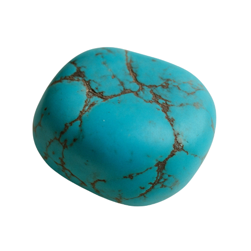 Polished Turquoise crystal with natural veining on transparent background, aligned with the Throat Chakra to promote clear communication, truth, and inner calm.