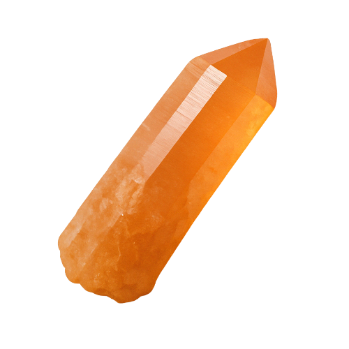 Polished orange calcite crystal point on transparent background