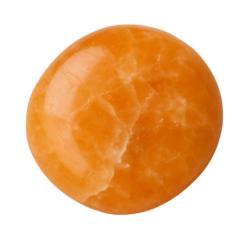 Polished orange calcite palm stone on transparent background