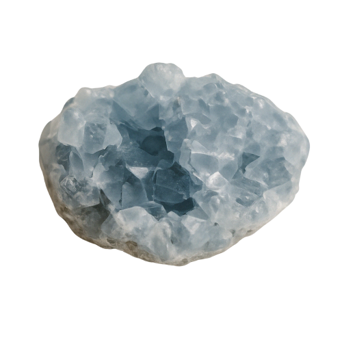 Raw Celestite crystal cluster on transparent background, associated with the Throat and Third Eye Chakras to enhance communication, intuition, and divine connection.