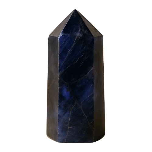 Sodalite crystal tower on transparent background, associated with the Third Eye Chakra to support clarity, intuition, and intellectual balance.