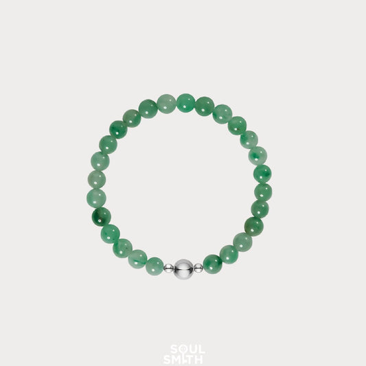 Soul Smith jadeite crystal bracelet with natural green beads and a stainless steel magnetic clasp, symbolizing prosperity, harmony, and heart chakra energy.